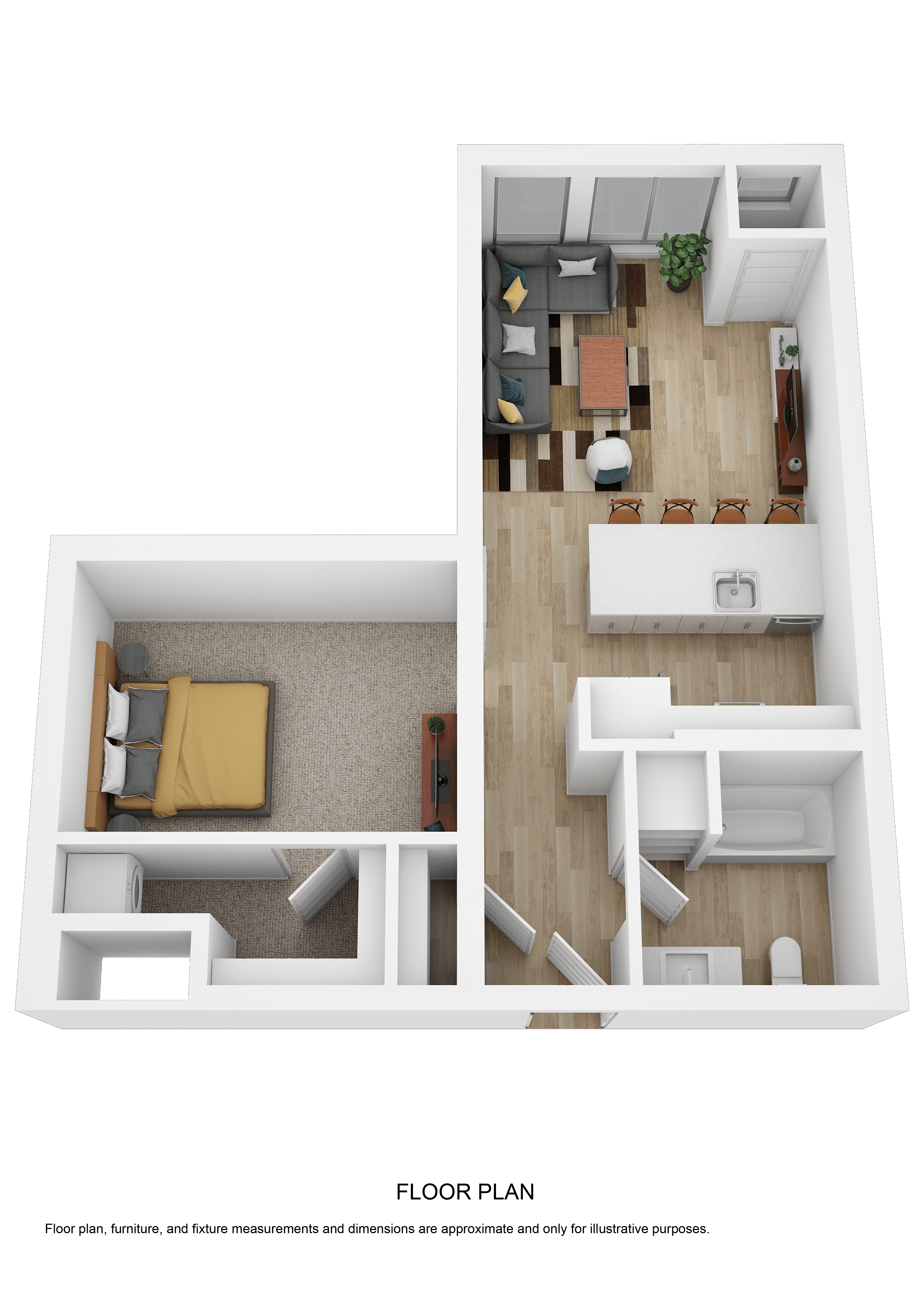 Floor plan for 1 bed, 1 bath, 700 sqft